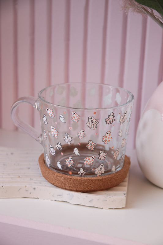Groovy Ghost Glass Mug with Handle and Cork Engraved Coaster