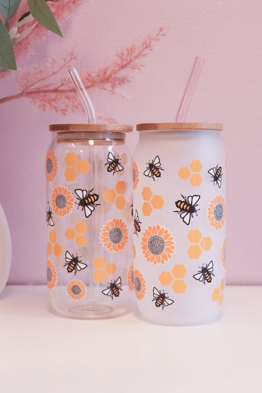 Bumble Bee Glass with Bamboo Lid and Straw