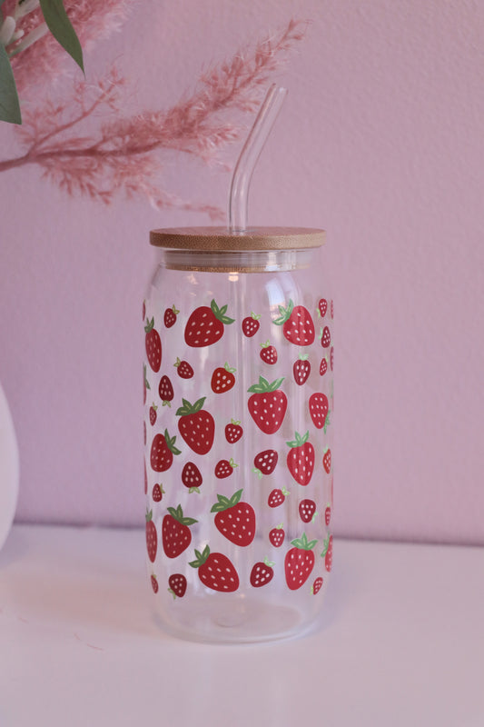 Strawberry Glass with Bamboo Lid and Straw