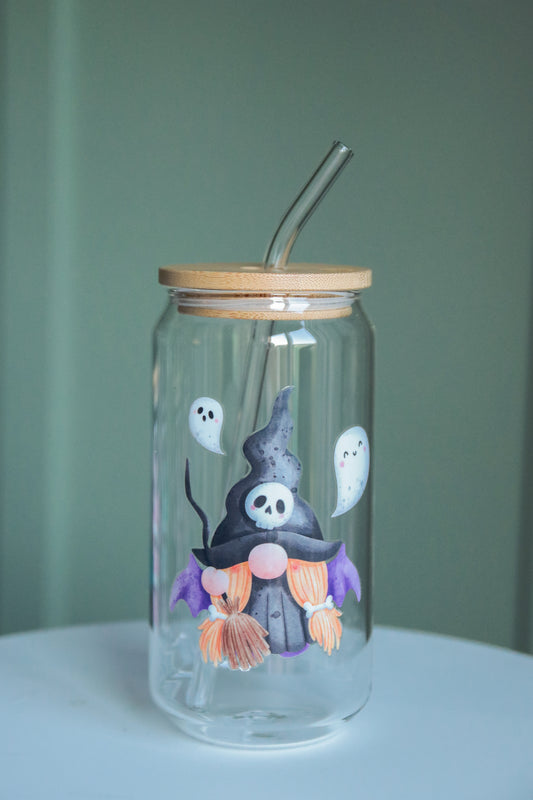 Halloween Gnome Glass with Bamboo Lid and Straw