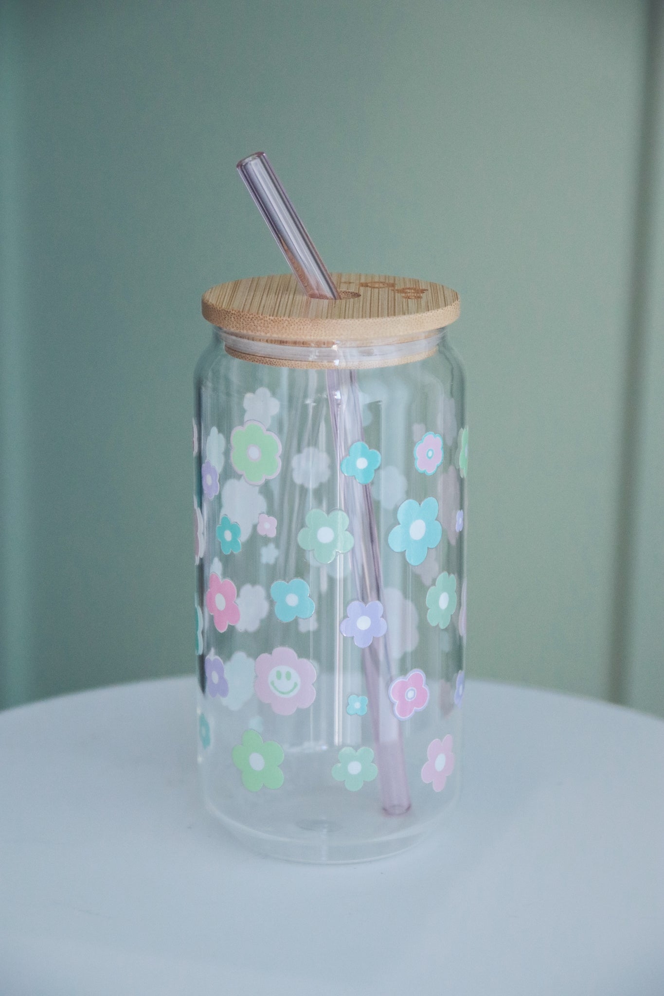 Retro Flower Glass with Bamboo Lid and Straw