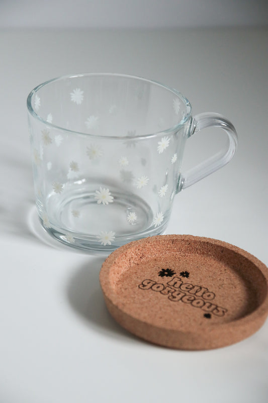 Daisy Glass with Handle and Cork Engraved Coaster