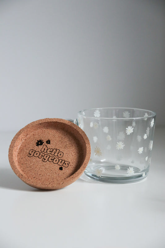 Daisy Glass with Handle and Cork Engraved Coaster
