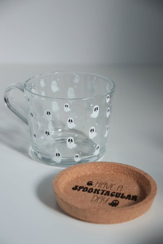 Ghostie Glass with Handle and Cork Engraved Coaster