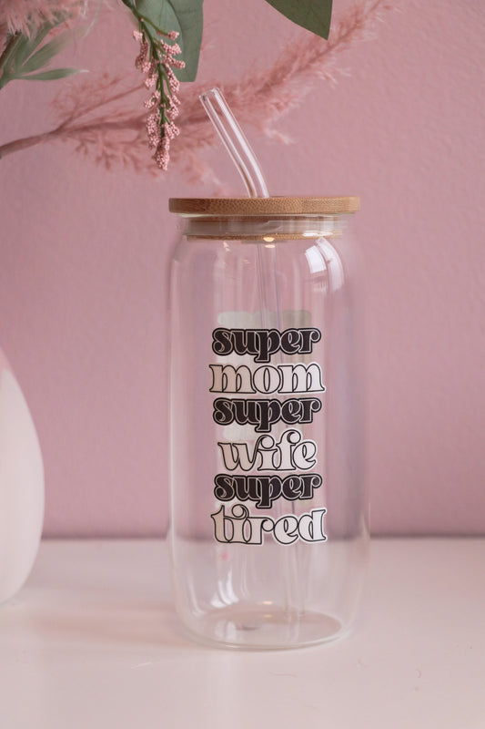 Super Mom Can Glass with Bamboo Lid and Straw