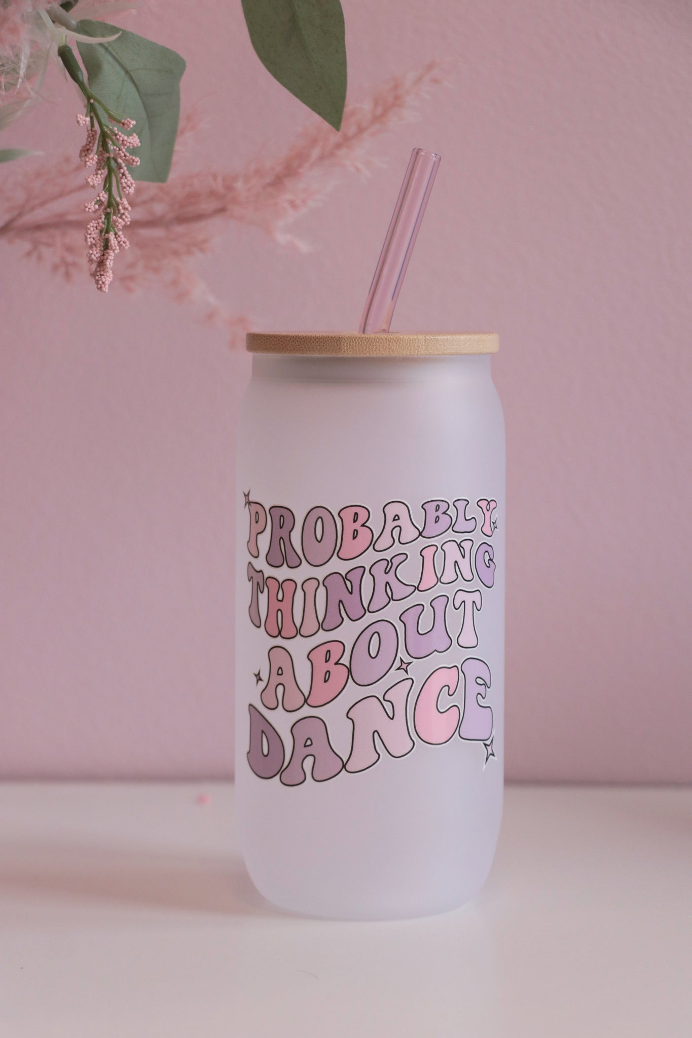 Probably Thinking About Dance Can Glass with Bamboo Lid and Straw