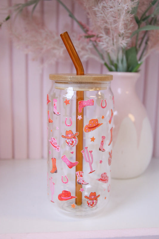 Disco Cowgirl Glass with Bamboo Lid and Straw