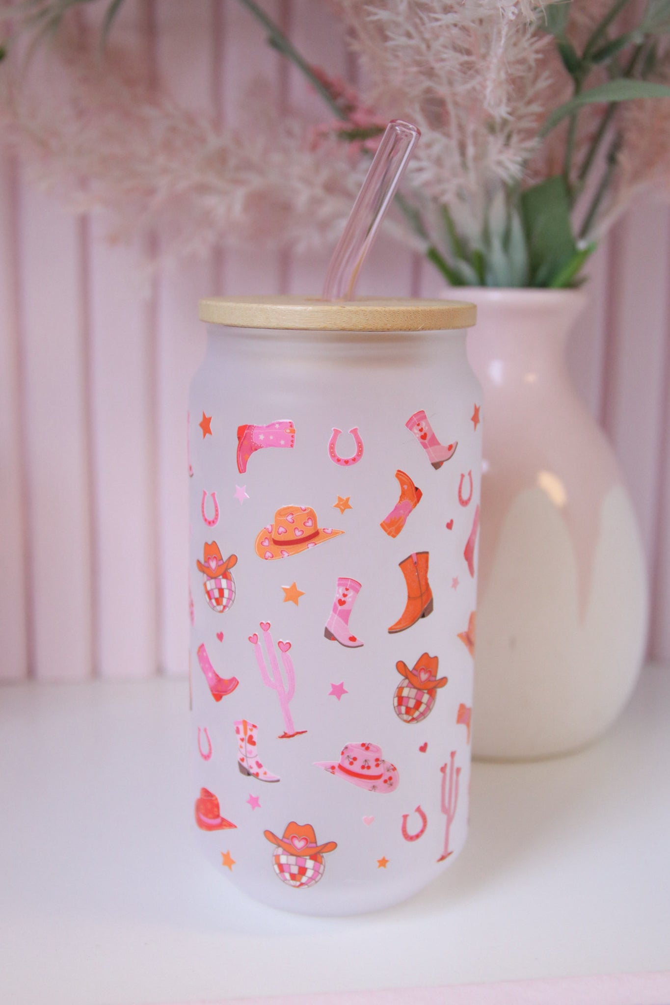 Disco Cowgirl Glass with Bamboo Lid and Straw