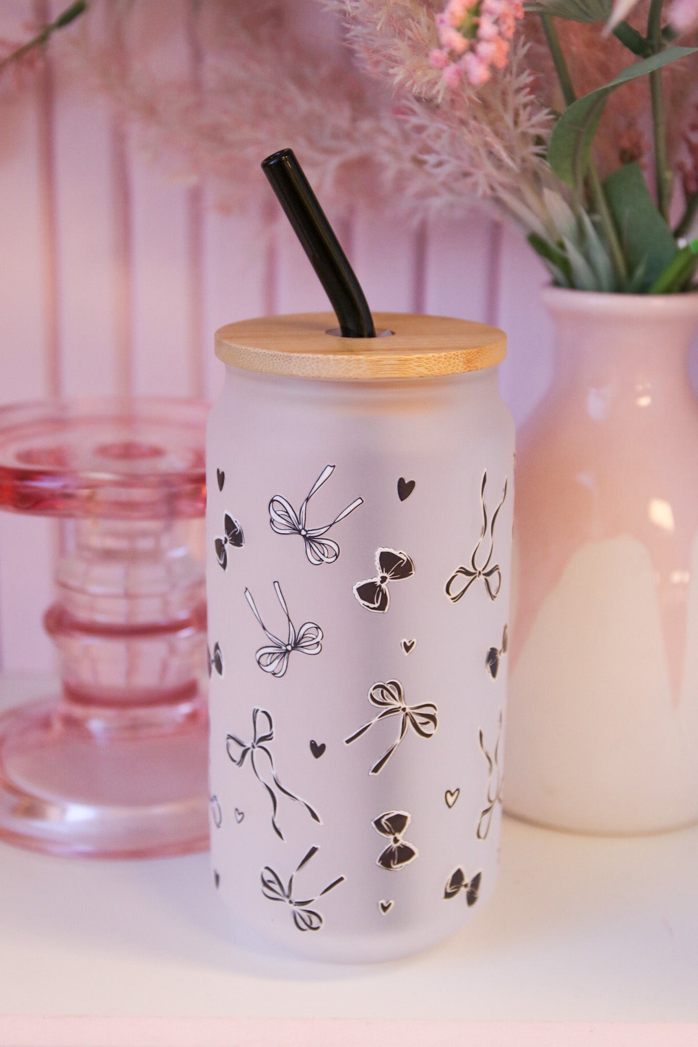 Coquette Bow Glass with Bamboo Lid and Straw