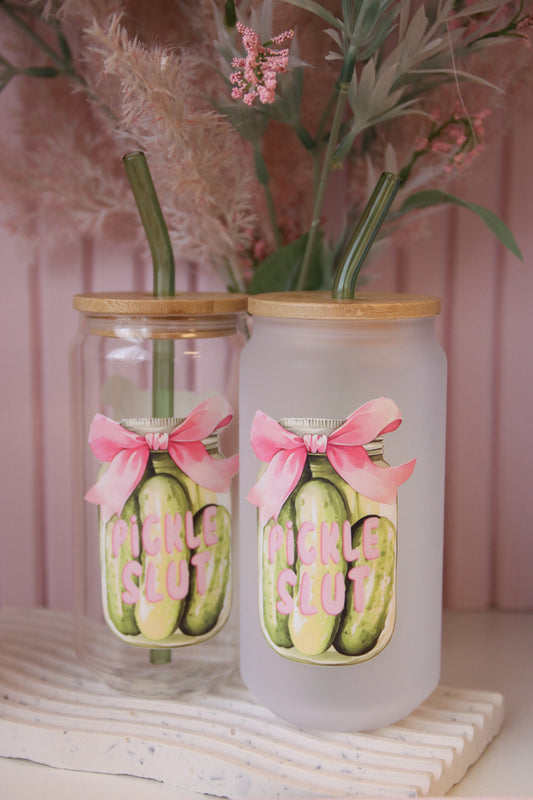 Pickle Slut Glass with Bamboo Lid and Straw