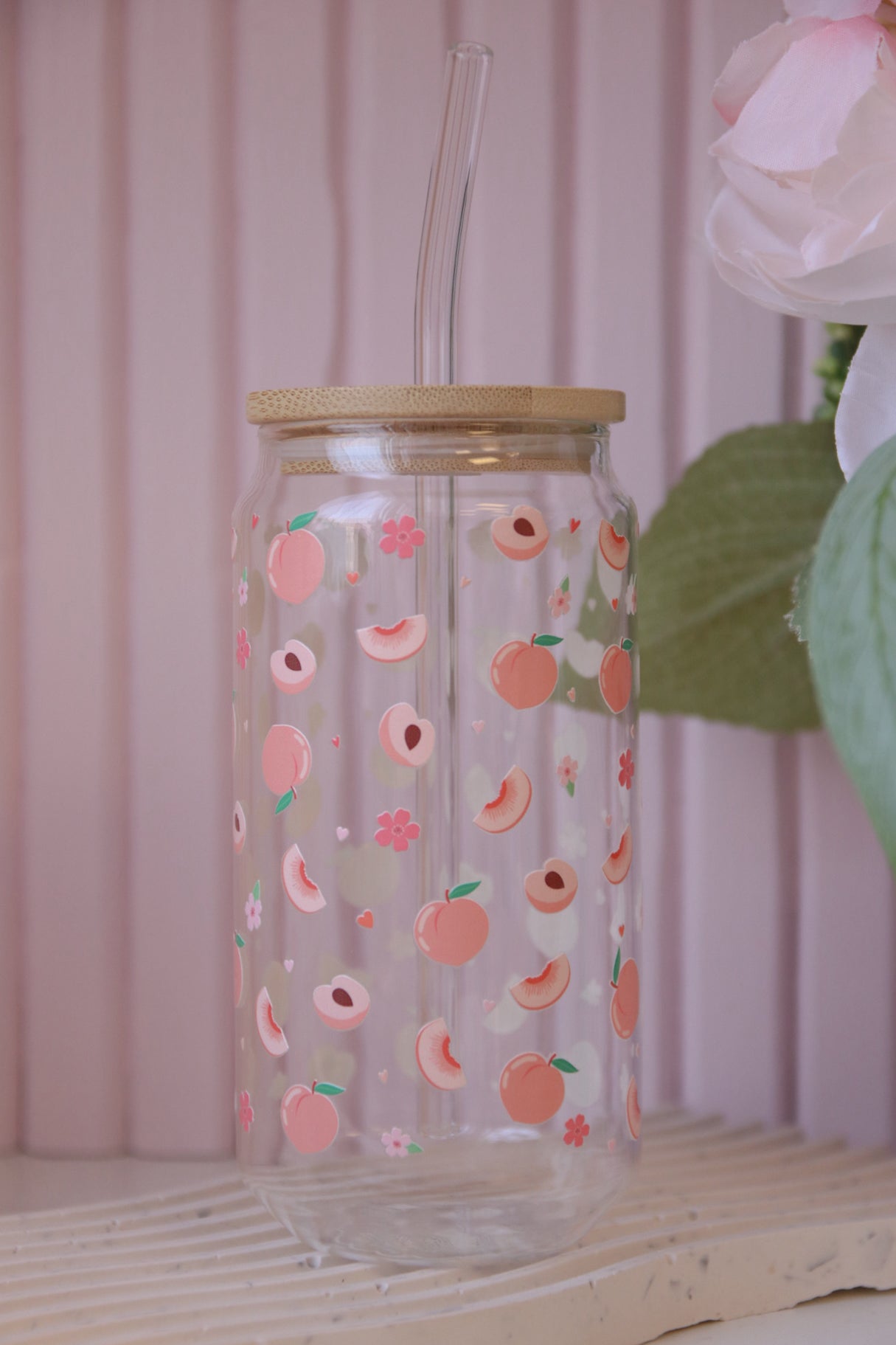 Peaches Glass with Bamboo Lid and Straw