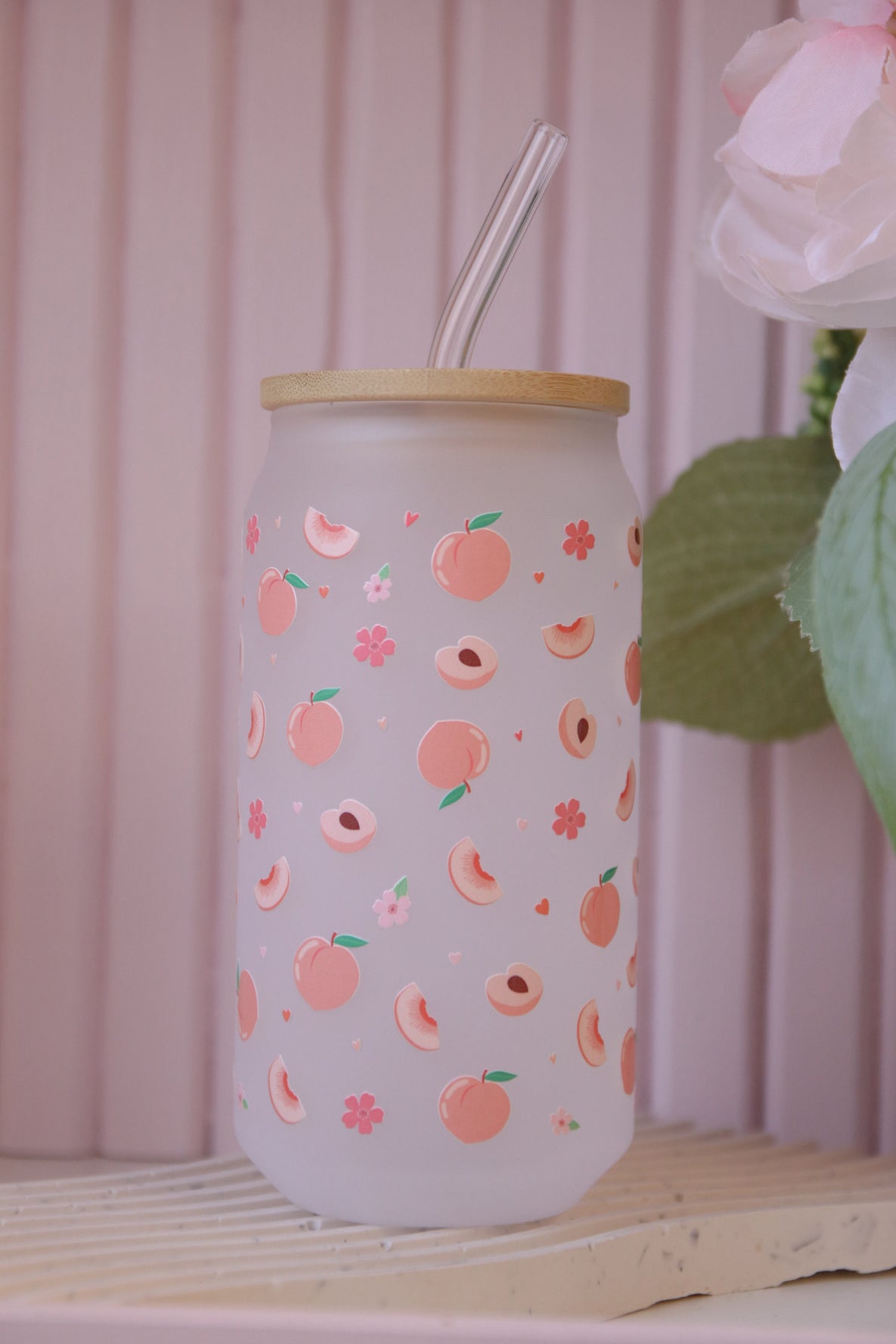 Peaches Glass with Bamboo Lid and Straw