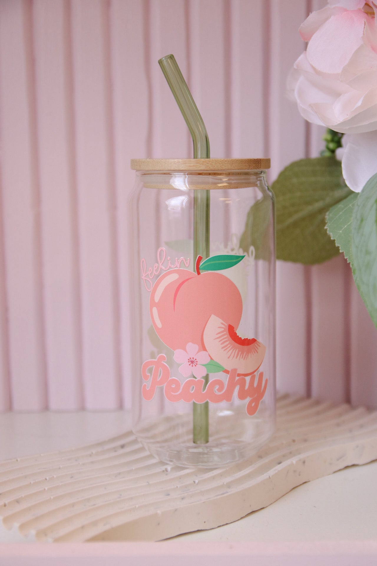 Feelin Peachy Glass with Bamboo Lid and Straw