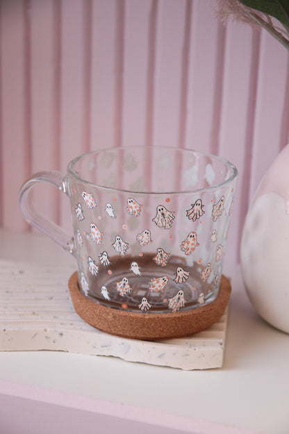 Groovy Ghost Glass Mug with Handle and Cork Engraved Coaster