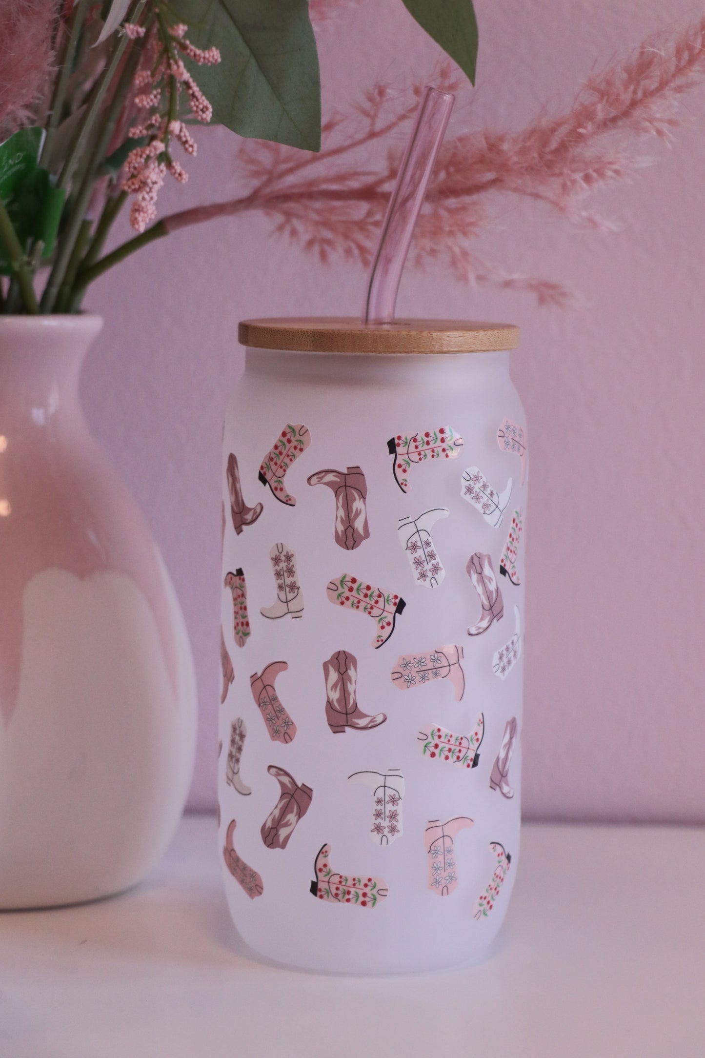 Cowboy Boot Glass with Bamboo Lid and Straw