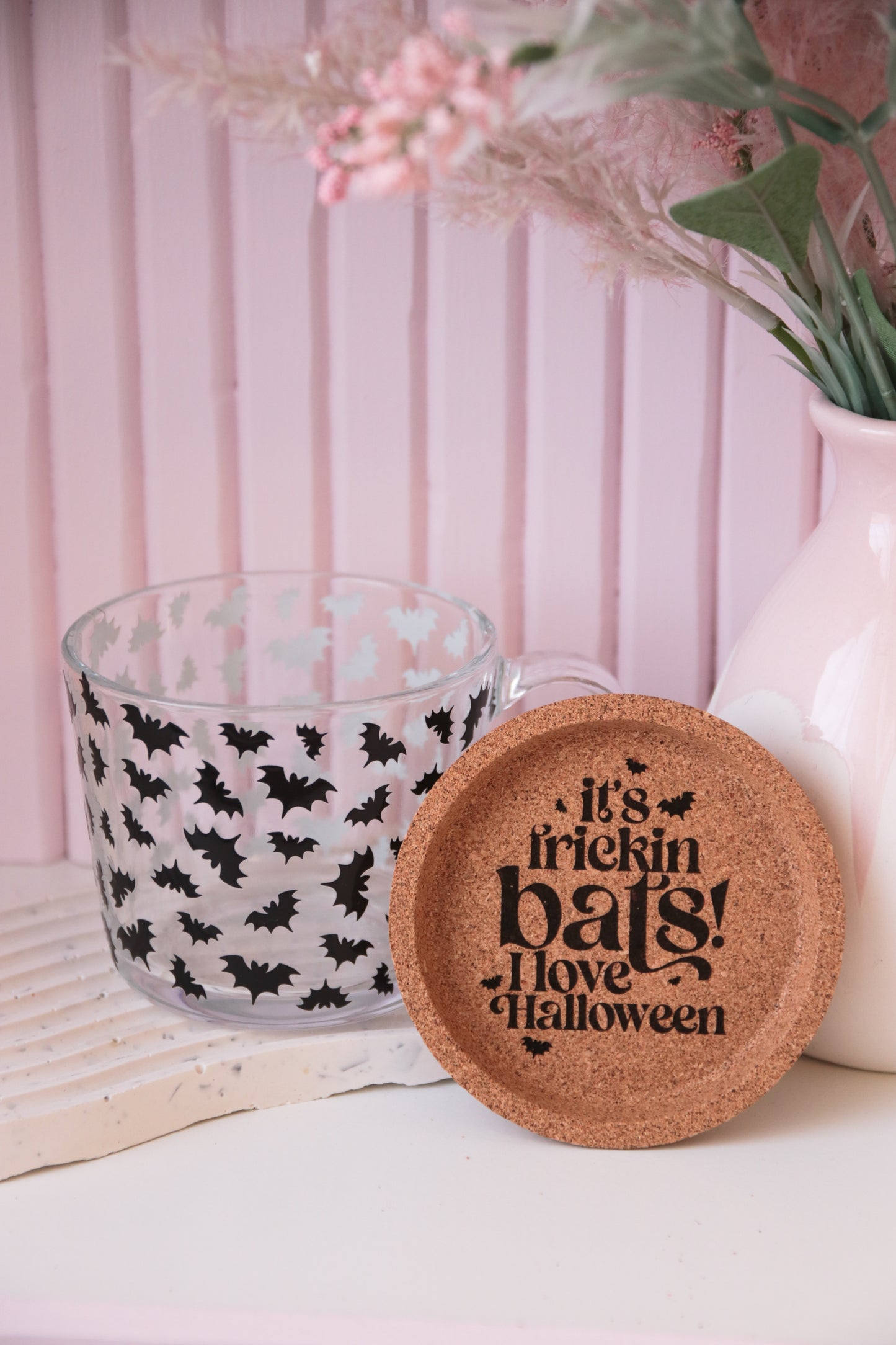 Frickin Bats Glass Mug with Handle and Cork Engraved Coaster