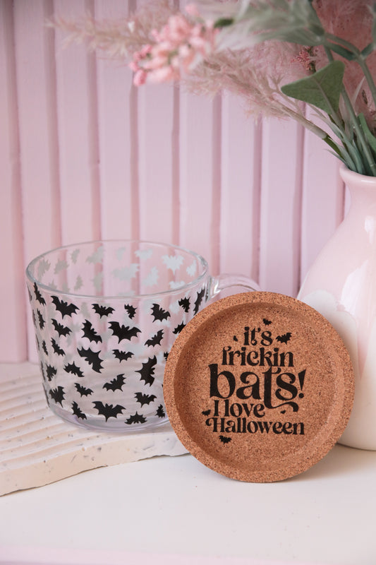 Frickin Bats Glass Mug with Handle and Cork Engraved Coaster