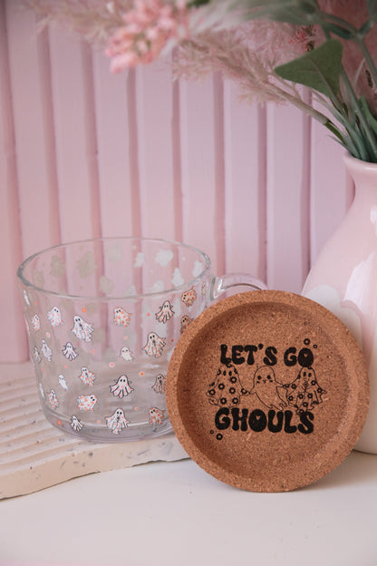 Groovy Ghost Glass Mug with Handle and Cork Engraved Coaster