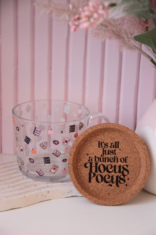 Witchy Glass Mug with Handle and Cork Engraved Coaster