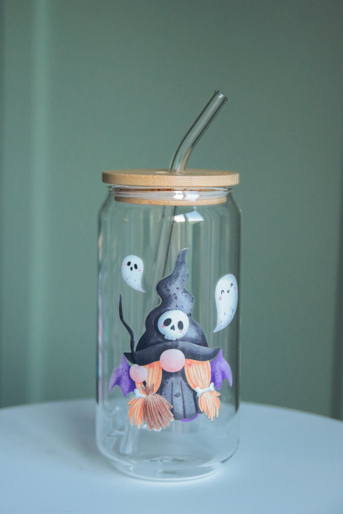 Halloween Gnome Glass with Bamboo Lid and Straw