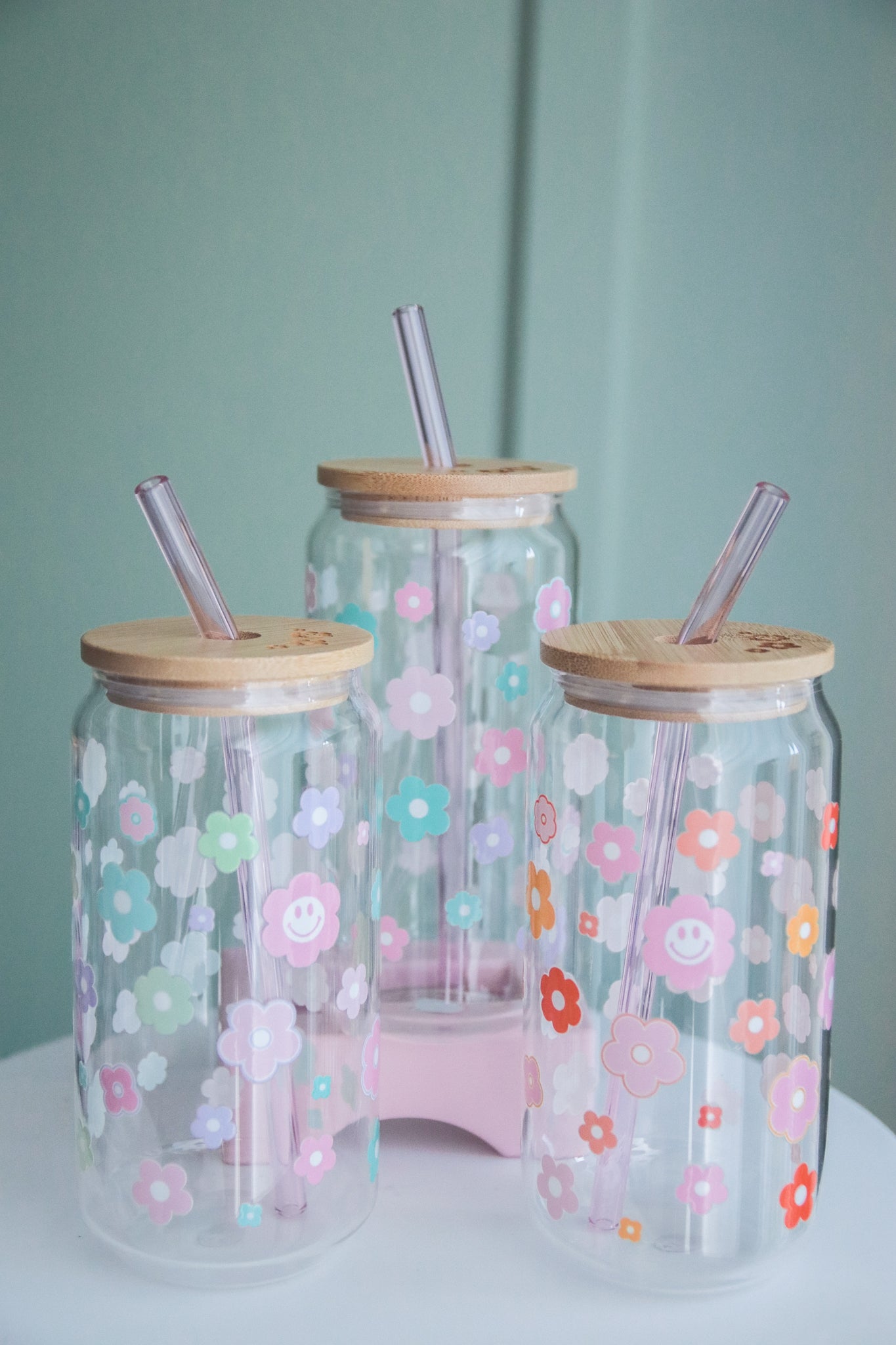 Retro Flower Glass with Bamboo Lid and Straw