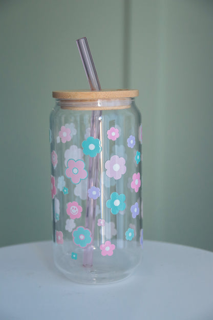 Retro Flower Glass with Bamboo Lid and Straw