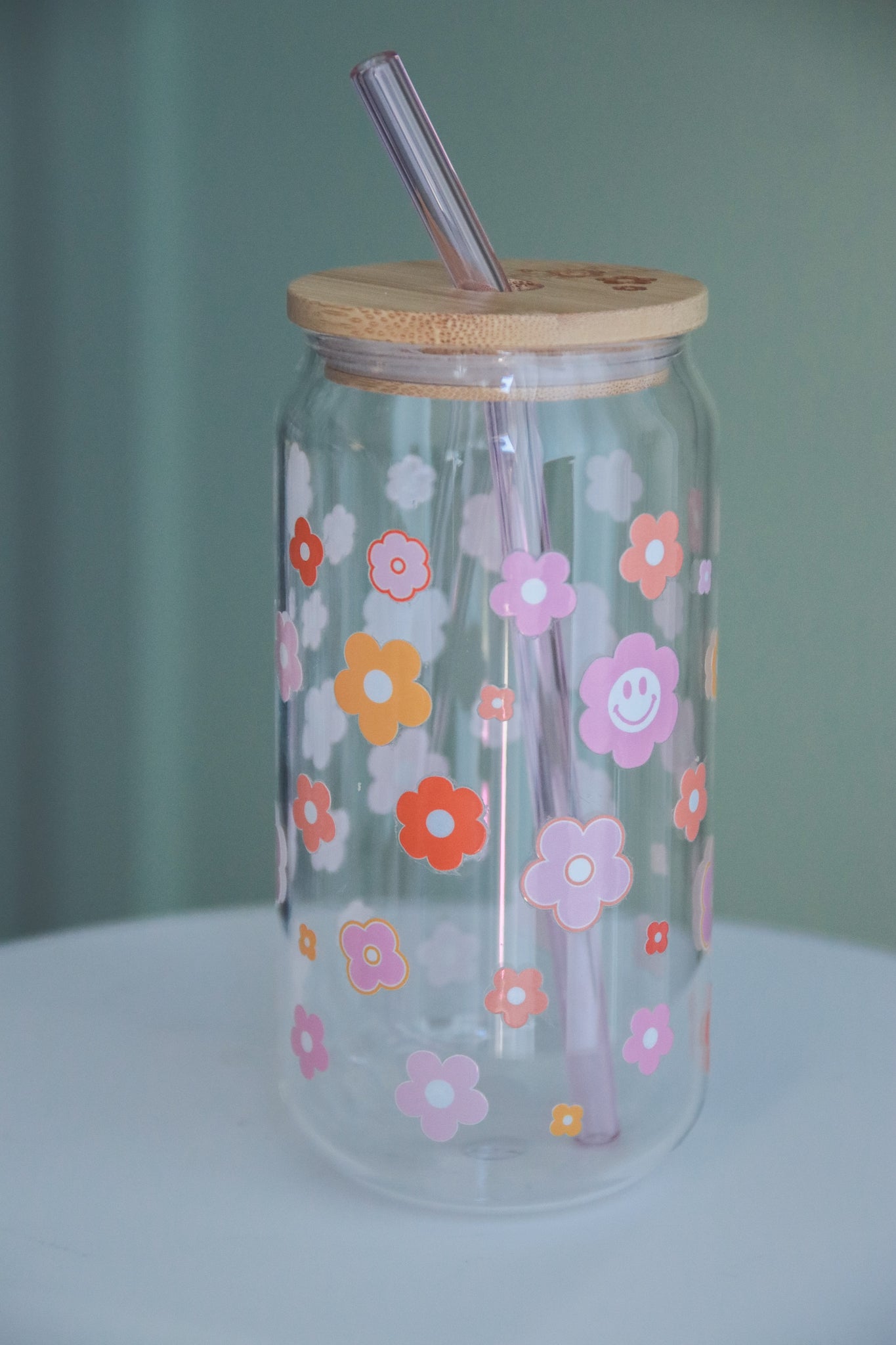 Retro Flower Glass with Bamboo Lid and Straw