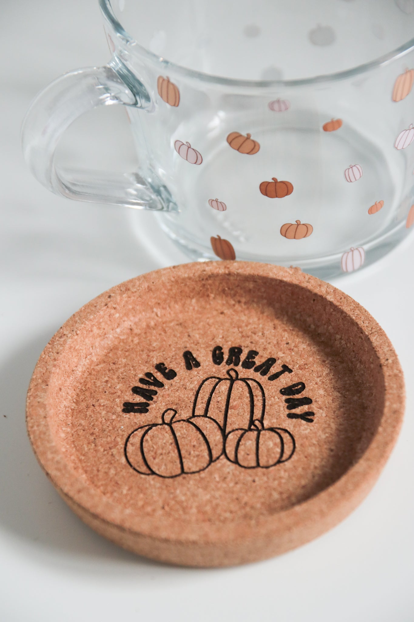 Pumpkin Glass with Handle and Cork Engraved Coaster