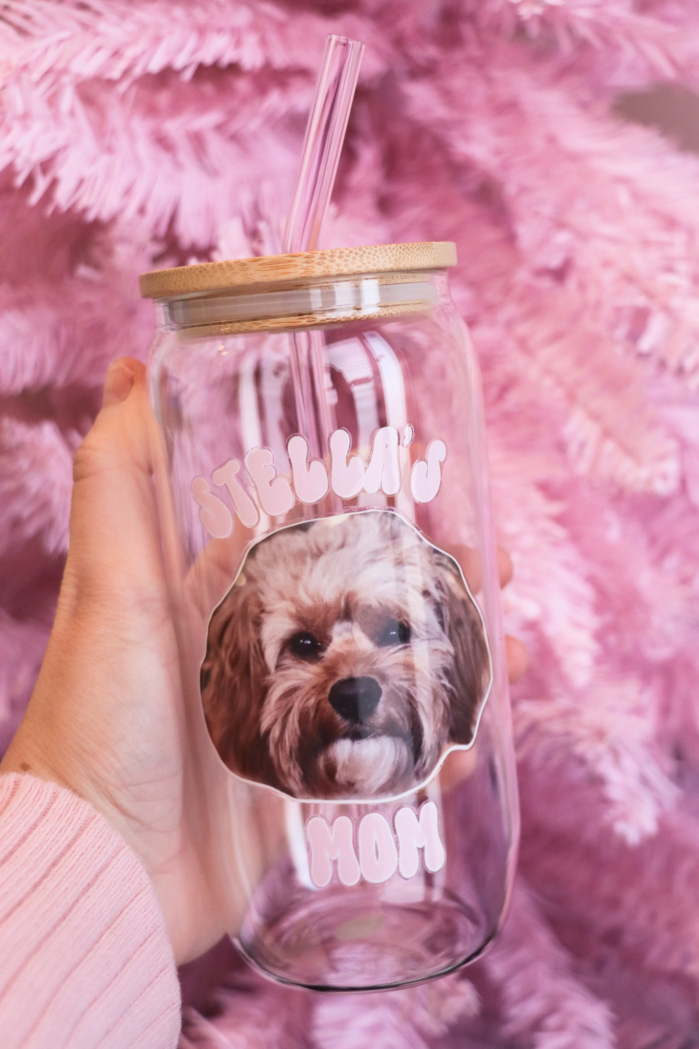 Customized Pet Photo Glass with Bamboo Lid and Straw