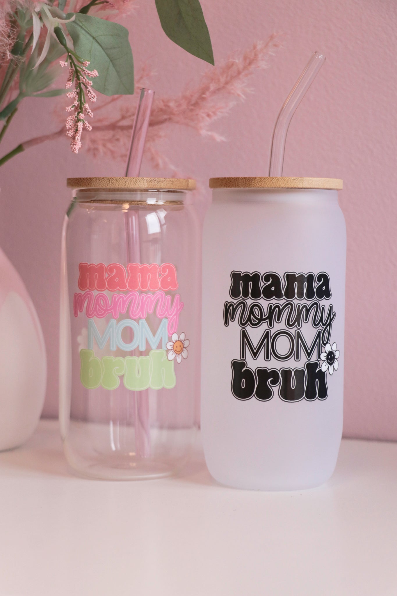 Mom Can Glass with Bamboo Lid and Straw