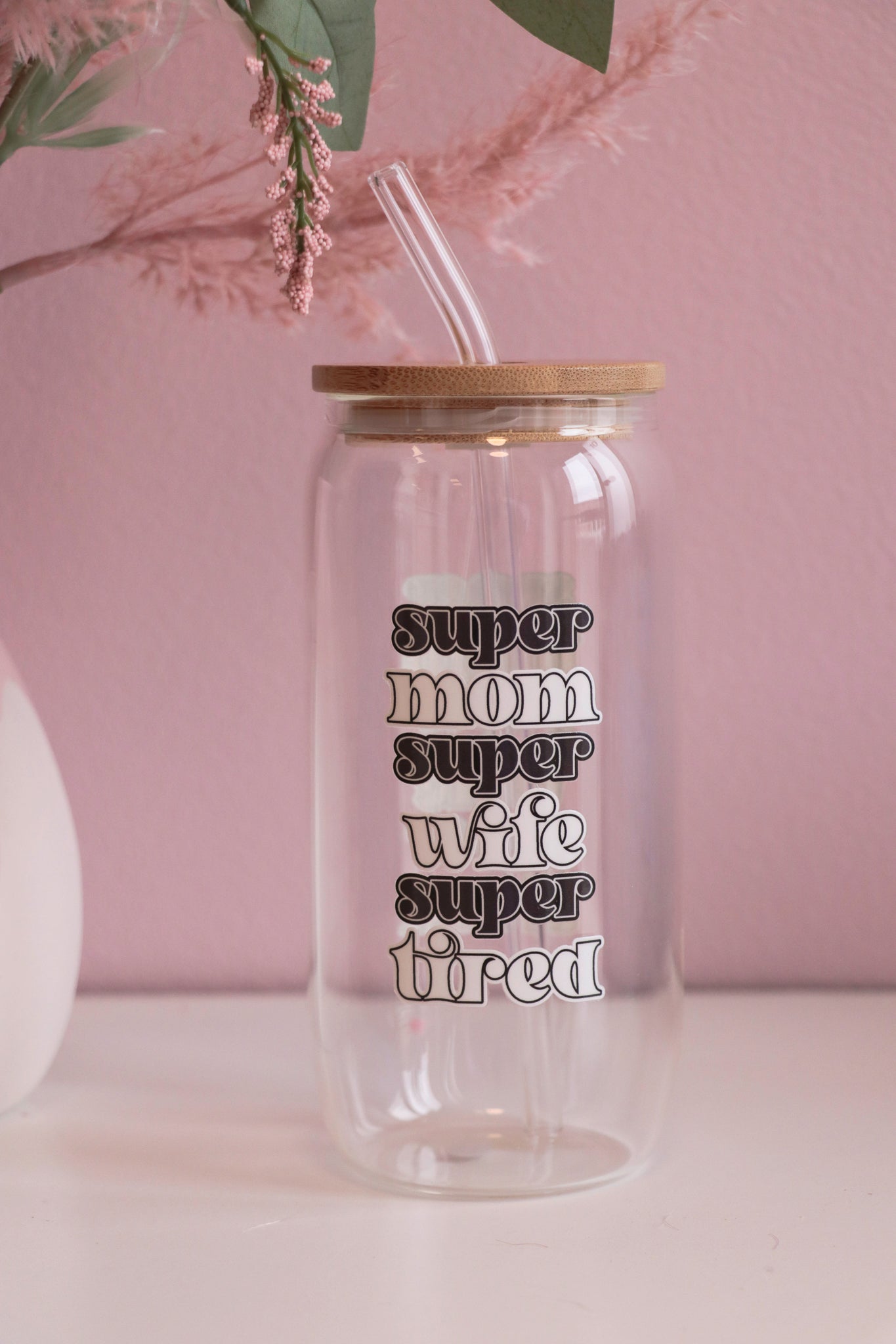 Super Mom Can Glass with Bamboo Lid and Straw