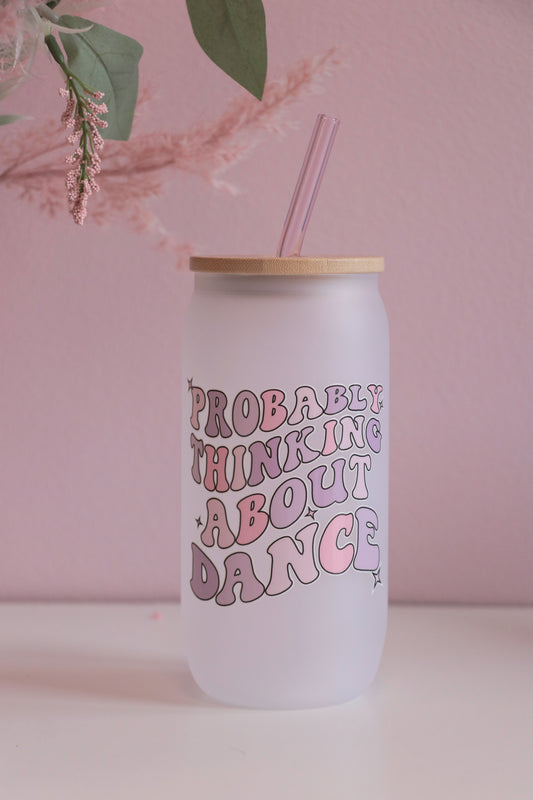 Probably Thinking About Dance Can Glass with Bamboo Lid and Straw
