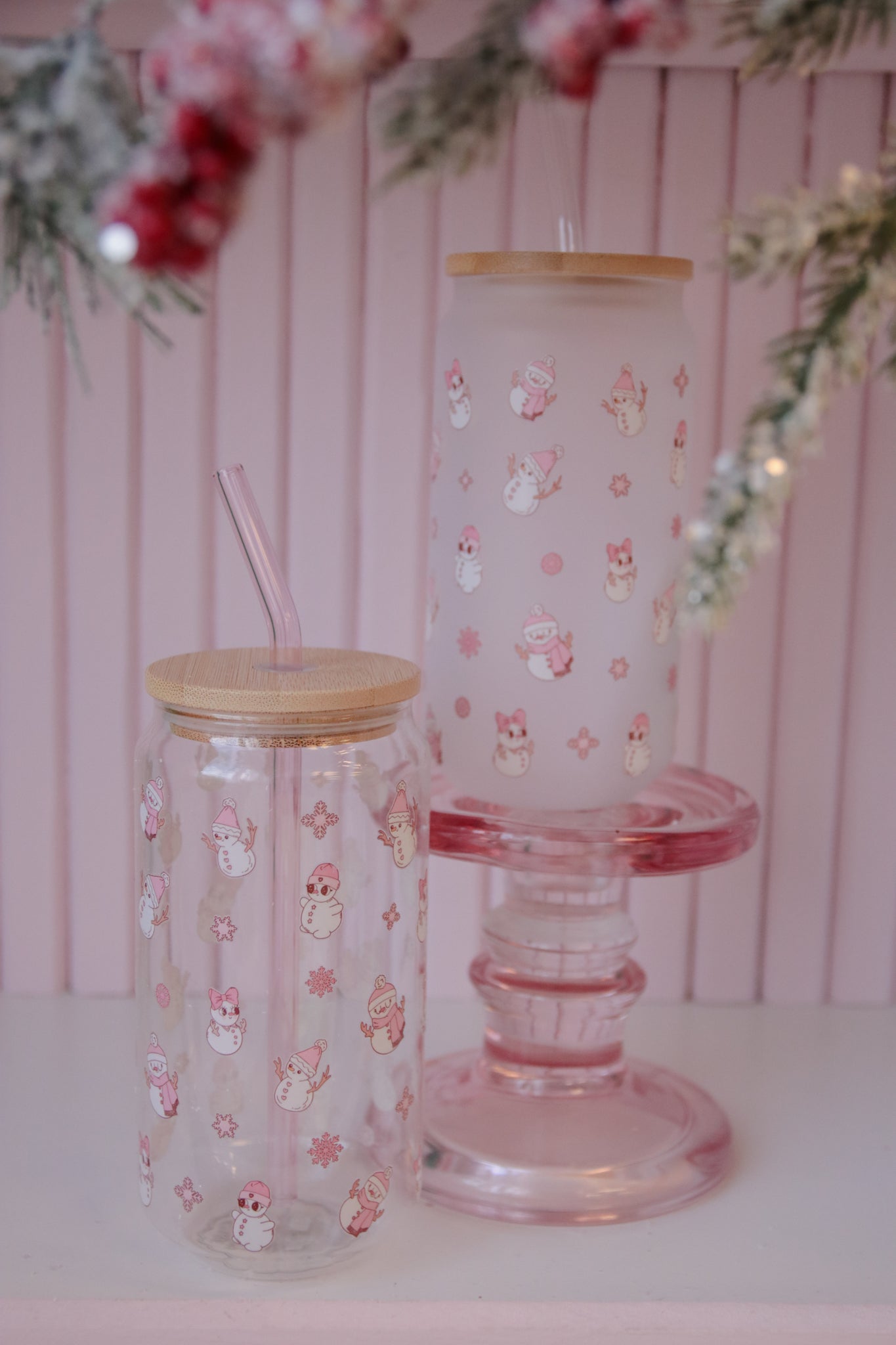 Pink Snowman Glass with Bamboo Lid and Straw