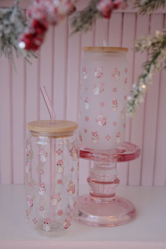 Pink Snowman Glass with Bamboo Lid and Straw