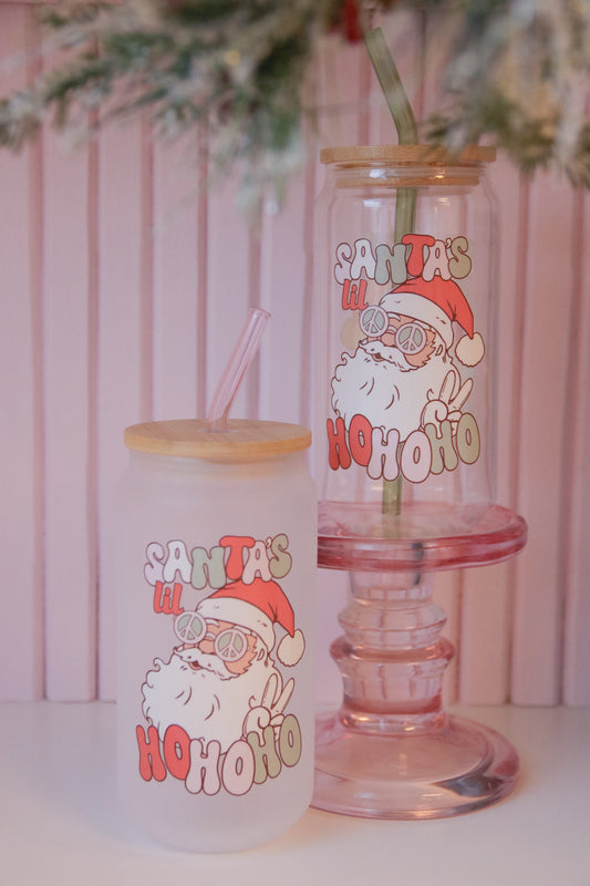 Santa's Lil Ho Ho Ho Glass with Bamboo Lid and Straw