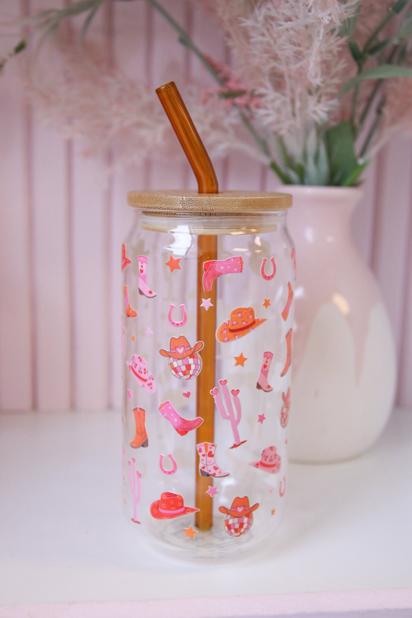 Disco Cowgirl Glass with Bamboo Lid and Straw