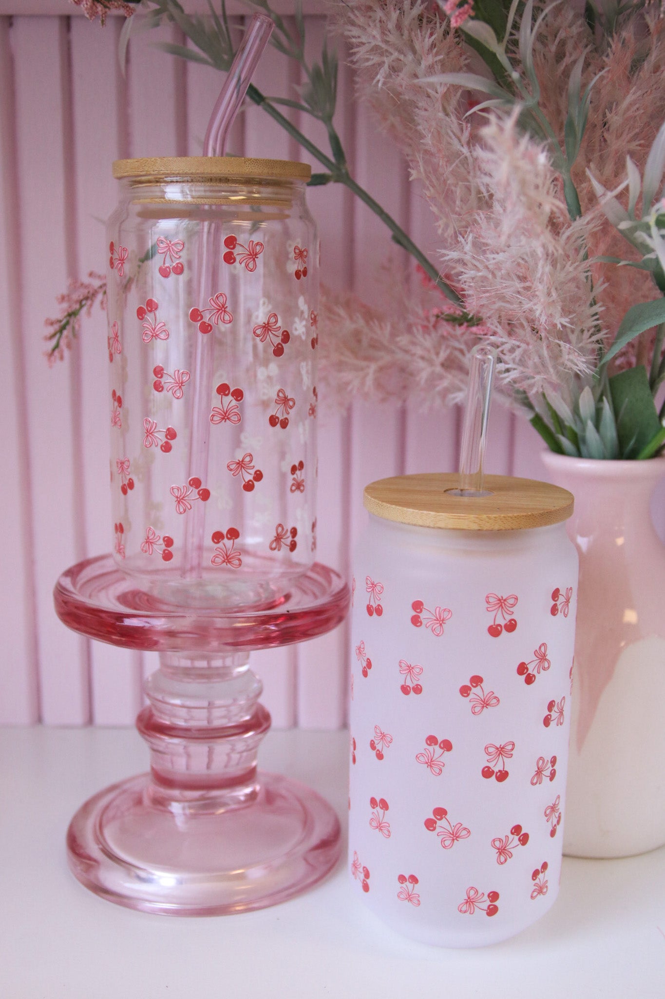 Coquette Cherries Glass with Bamboo Lid and Straw