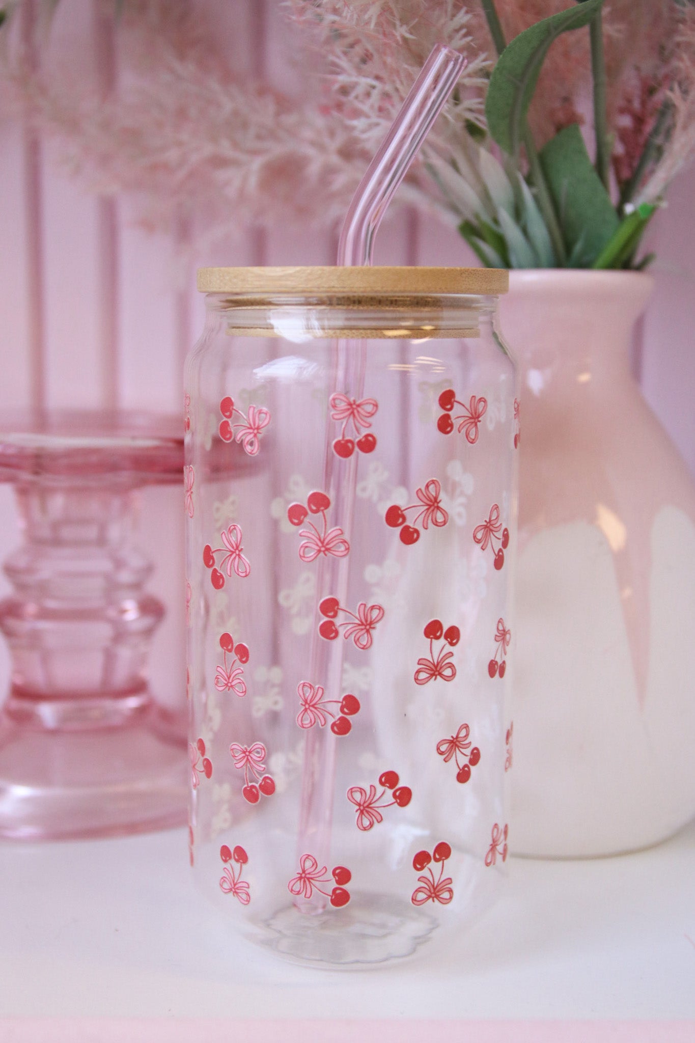 Coquette Cherries Glass with Bamboo Lid and Straw