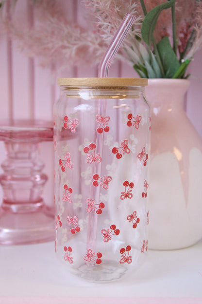 Coquette Cherries Glass with Bamboo Lid and Straw
