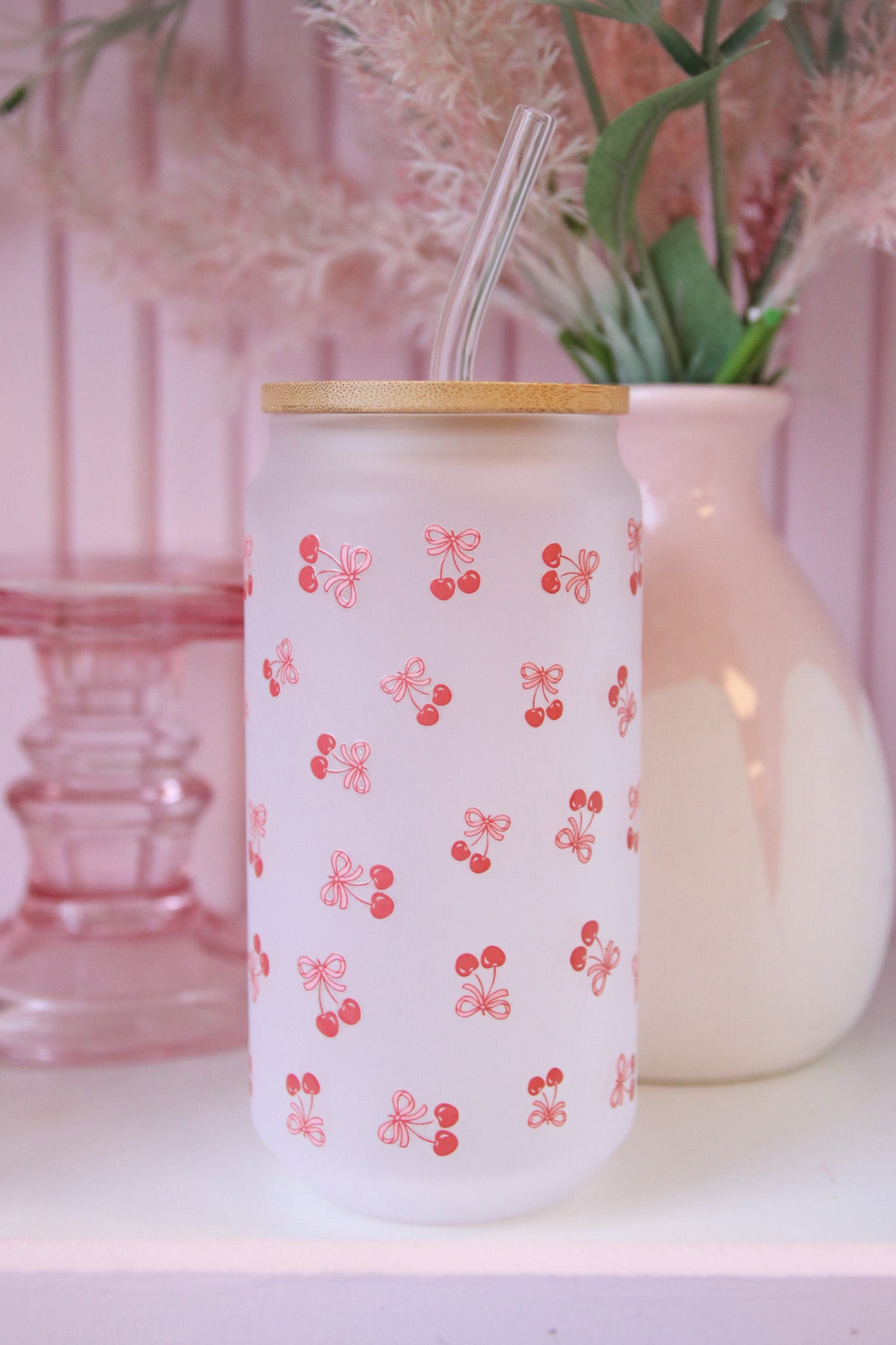 Coquette Cherries Glass with Bamboo Lid and Straw