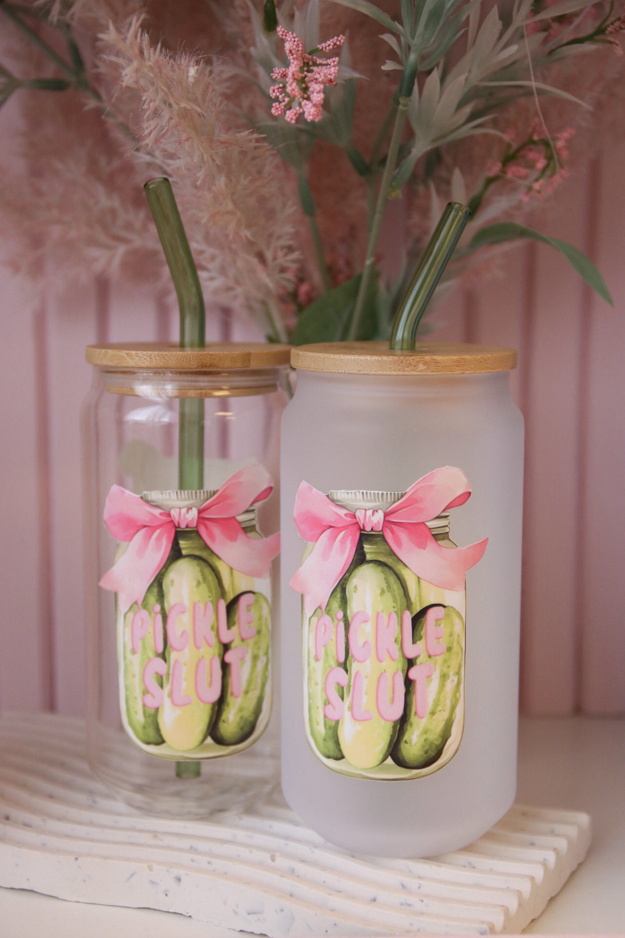 Pickle Slut Glass with Bamboo Lid and Straw