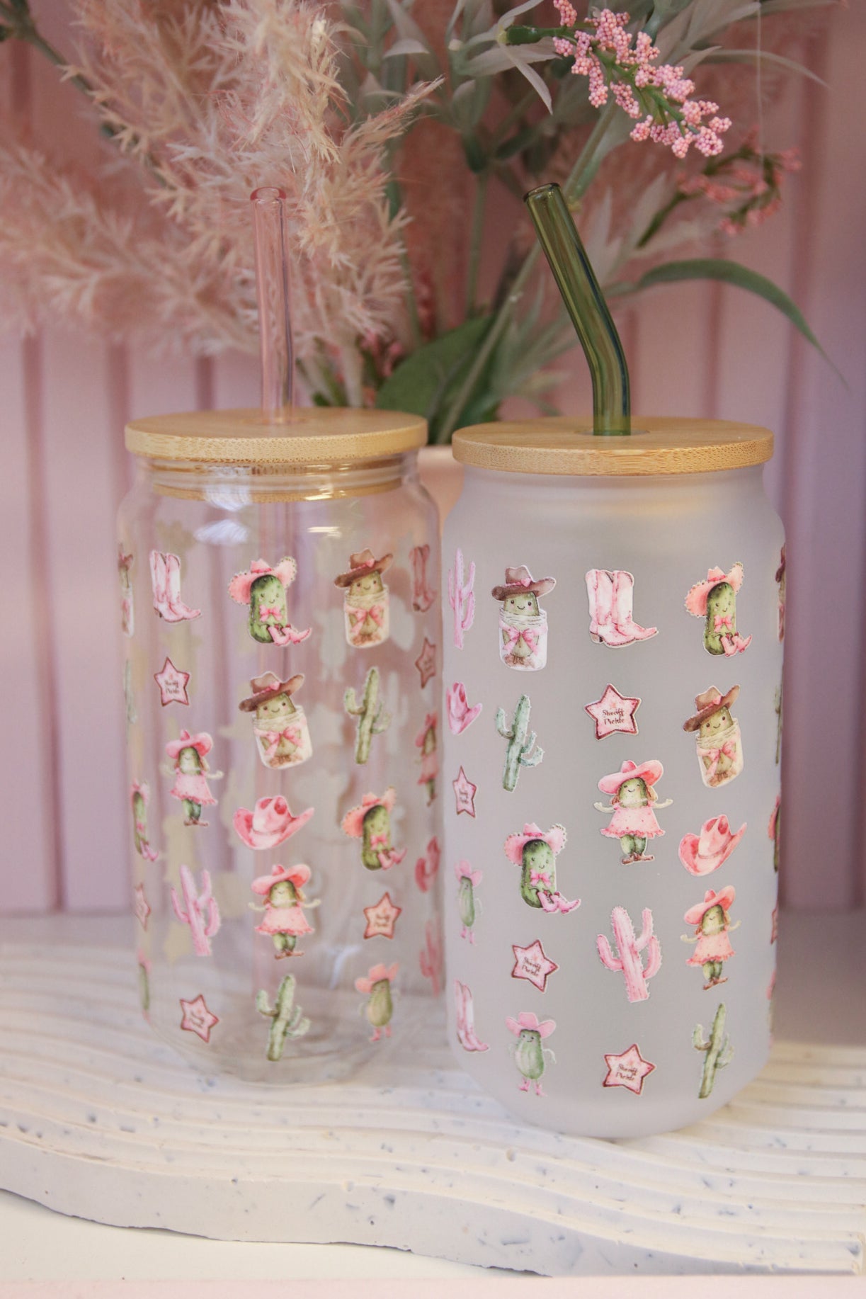 Western Pickle Glass with Bamboo Lid and Straw