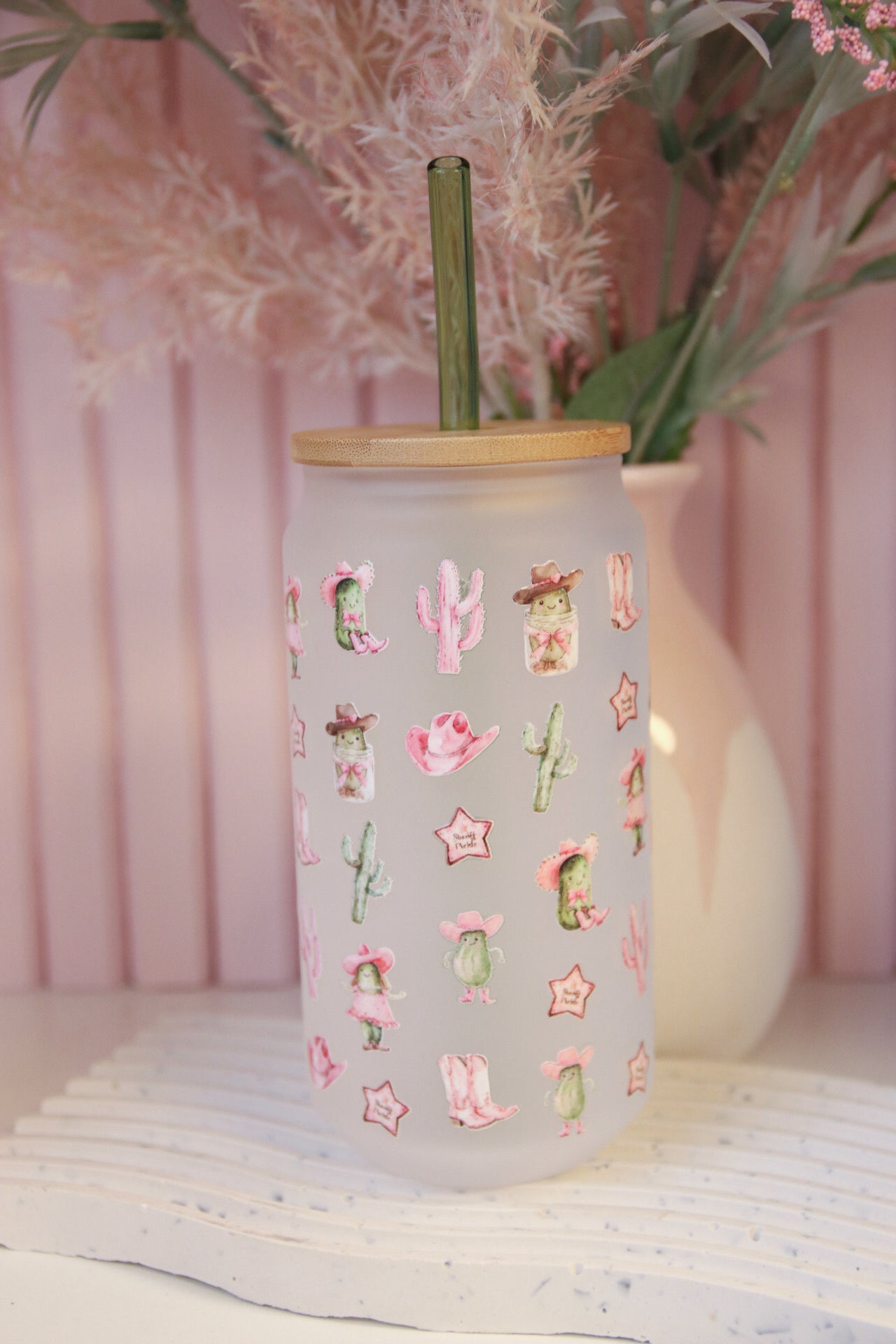 Western Pickle Glass with Bamboo Lid and Straw