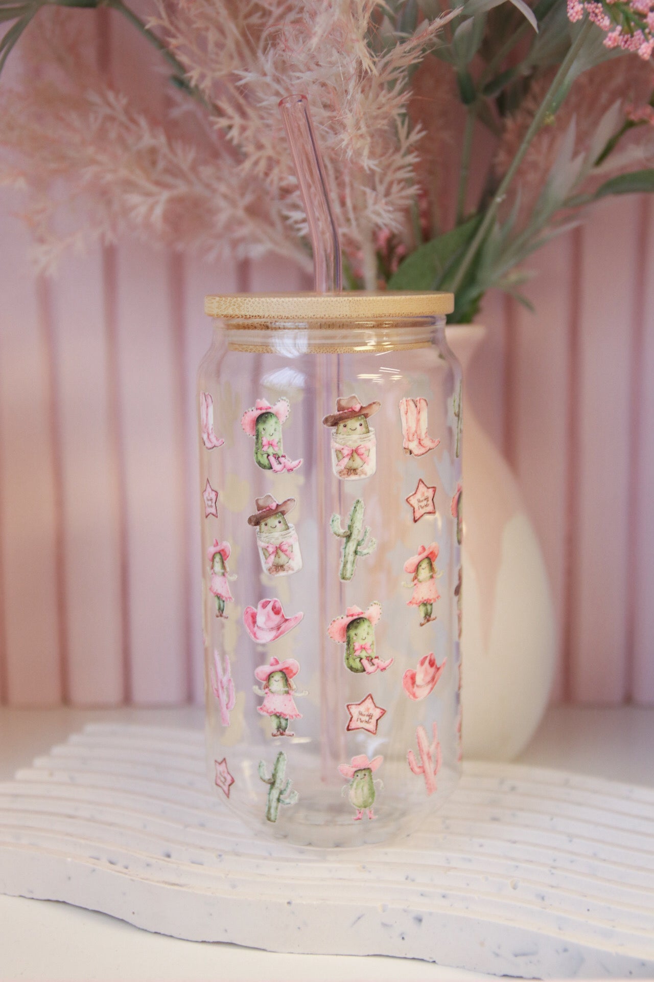 Western Pickle Glass with Bamboo Lid and Straw