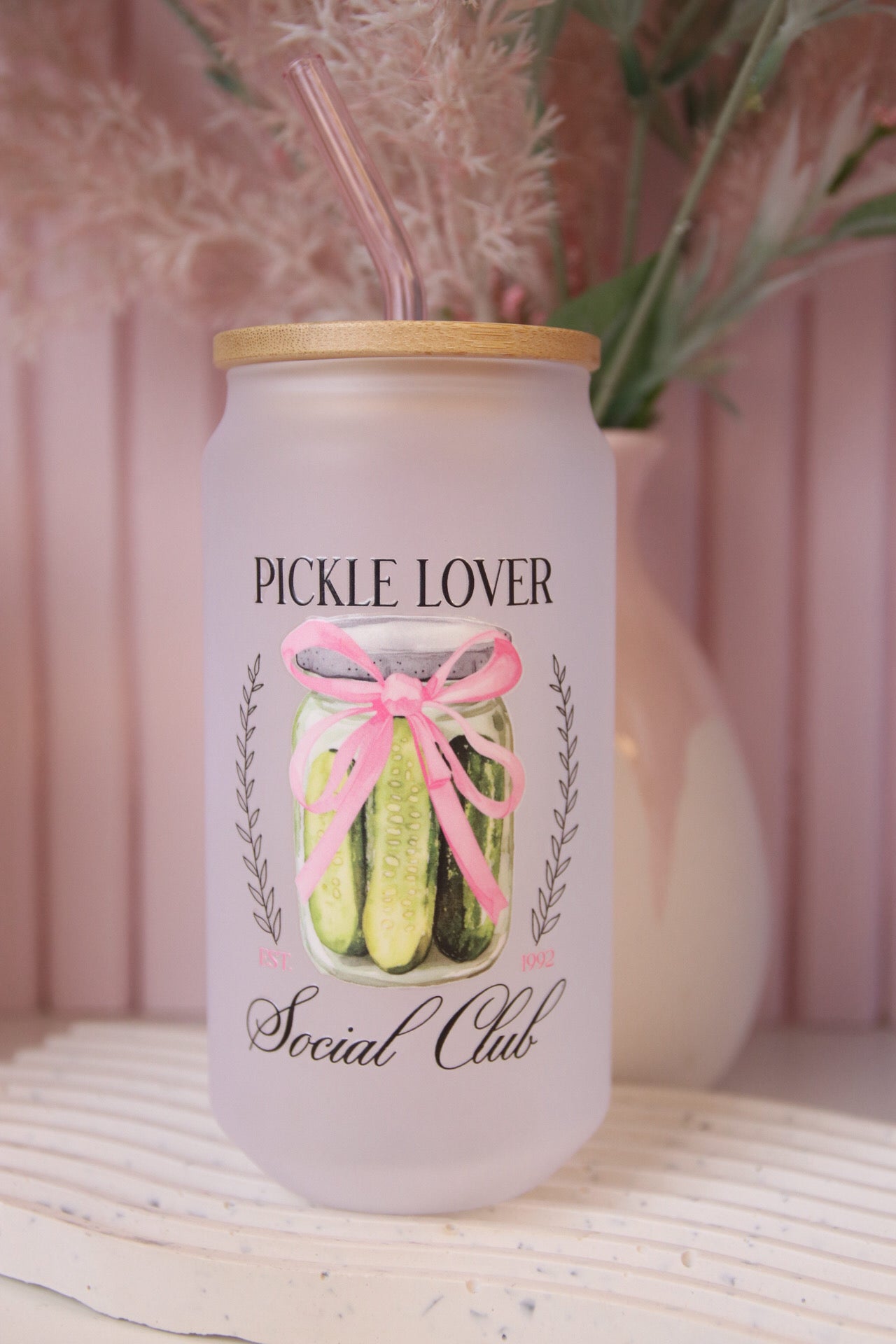 Pickle Lover Social Club Glass with Bamboo Lid and Straw