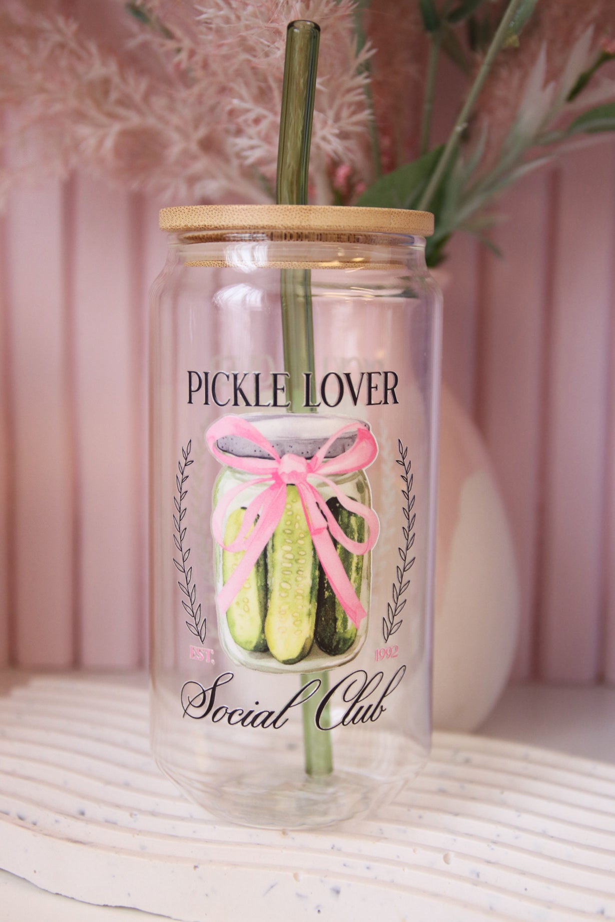 Pickle Lover Social Club Glass with Bamboo Lid and Straw