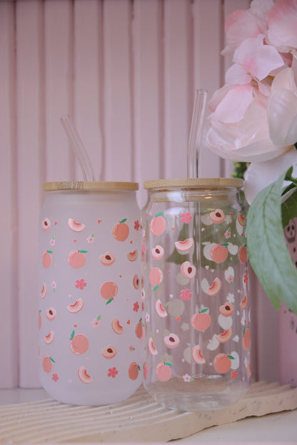 Peaches Glass with Bamboo Lid and Straw