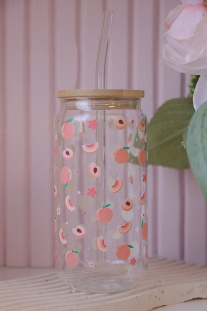 Peaches Glass with Bamboo Lid and Straw