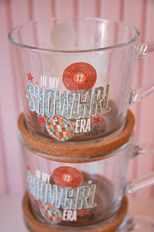 In My Showgirl Era Glass Mug with Handle and Cork Engraved Coaster