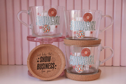 In My Showgirl Era Glass Mug with Handle and Cork Engraved Coaster